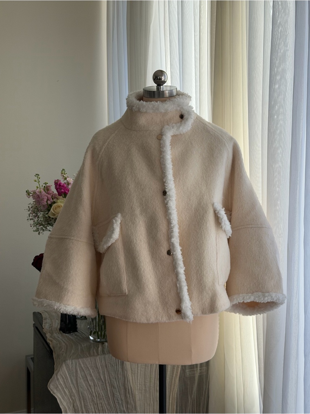 Cream Faux-Shearling Cropped Jacket